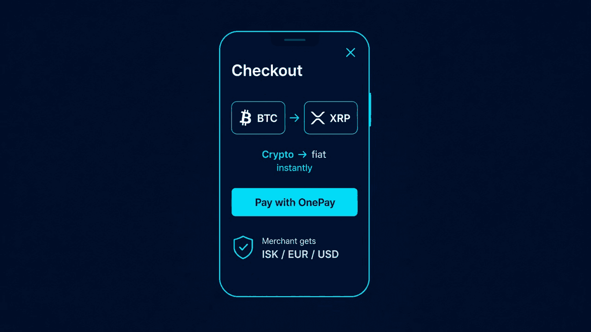 Checkout illustration: choose how to pay, OnePayButton routes it, merchant receives their currency
